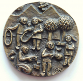 Bronze Plakette Relief Spielende Kinder Egino Weinert signiert EW Ø8,5cm