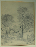 Bleistift Zeichnung Bauernhaus zwischen Bäumen signiert H. Siegert (N)
