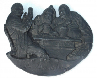 Altes Türschild Im Bräustübel Metall Reliefbild 3 Männer lustige Brotzeit Bier (N)