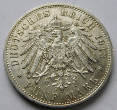 5 Mark Deutsches Reich Preussen 1913 A Wilhelm II. Silber 900 Ø3,8 #155