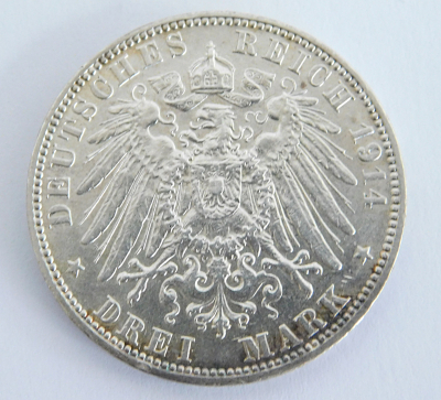 3 Mark Deutsches Reich Freie Hansestadt Hamburg 1914 J Silber 900 16,6g