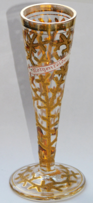 Altes Andenken Glas / Vase Rothenfelde goldfarbenes Email Dekor 11,5cm (N)