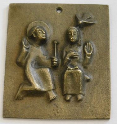 Kleine Bronze Plakette Relief Verkündigung Egino Weinert 5x4,3cm