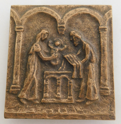 Bronze Relief Jesu im Tempel Gott wird Mensch 1990 Butzon Bercker Limberg 6x5,6cm (N)