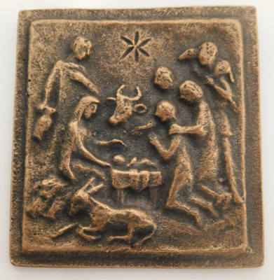 Bronze Relief Geburt Jesu Gott wird Mensch 1991 Butzon Bercker Limberg 6,5x6cm (N)