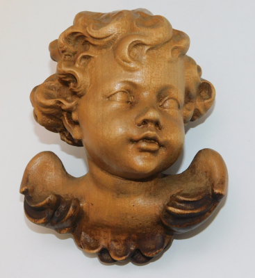 Alte Holzfigur Engelskopf Engel Putto geschnitzt nach rechts 13x11cm (N)