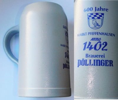 Bierkrug Maßkrug 600 Jahre Brauerei Pöllinger Pfeffenhausen 1L Werbung (N)