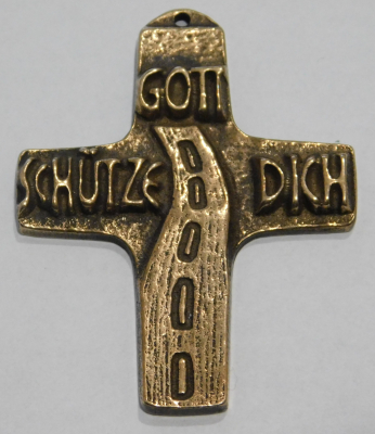 Kleines Bronze Kreuz Gott schütze Dich Straße Autofahrer Motorradfahrer 6,3x5cm