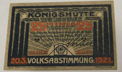 Altes Notgeld 25 Pfennig Königshütte Ober-Schlesien 1921 (N)