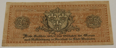 Altes Notgeld Gutschein 25 Pfennig Wiesbaden 1919 (N)