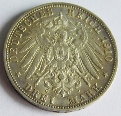 3 Mark Deutsches Reich Württemberg 1910 F Wilhelm II. Silber 900 Ø3,3