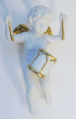 Porzellanfigur Engel mit Trommel Aufhängen Franklin Mint Bisquit weiß-gold 11cm (N)