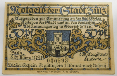 Altes Notgeld 50 Pfennig Stadt Zülz Ober Schlesien 1921 (N)