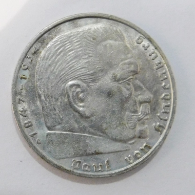 2 Reichsmark 1939 G Hindenburg Silber 625 7,9g Ø2,5cm