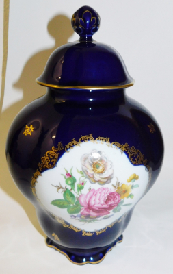 Deckelvase Lindner echt cobalt bunte Blumen Vase 26cm (N)