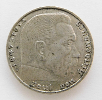 2 Reichsmark 1938 B Hindenburg Silber 625 7,93g Ø2,5cm