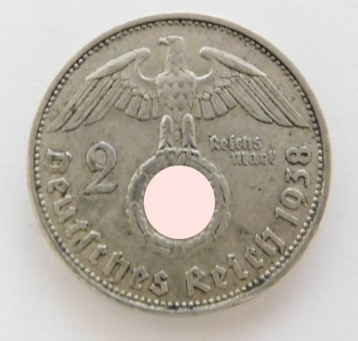 2 Reichsmark 1938 B Hindenburg Silber 625 7,93g Ø2,5cm