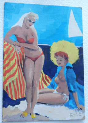 Buntes Aquarell Strandszene Badende Akt Pin Up 50er 60er Jahre sign. B. H. L. oä