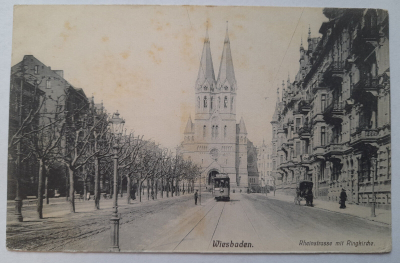 Alte PK AK Wiesbaden Rheinstrasse mit Ringkirche - nicht gelaufen