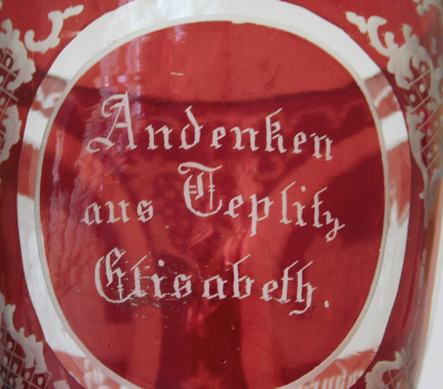 Andenkenglas Teplitz Herrnhaus Schlackenburg Badebecher rubiniert vor 1900v (N)