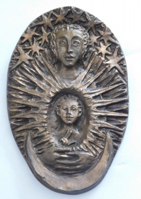 Bronze Relief Mondsichel Madonna mit Kind Sterne oval 12,5x8cm