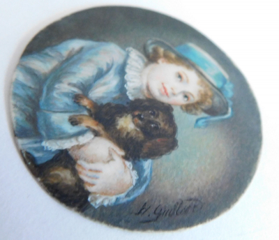 Fein gemaltes Miniaturbild Kind mit Hund wohl vor 1900 signiert